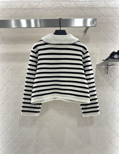 25 Collar Knitted Wool Blended Striped Cardigan