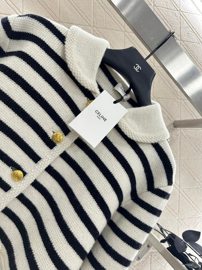 25 Collar Knitted Wool Blended Striped Cardigan