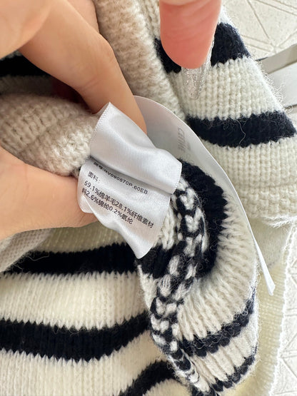 25 Collar Knitted Wool Blended Striped Cardigan