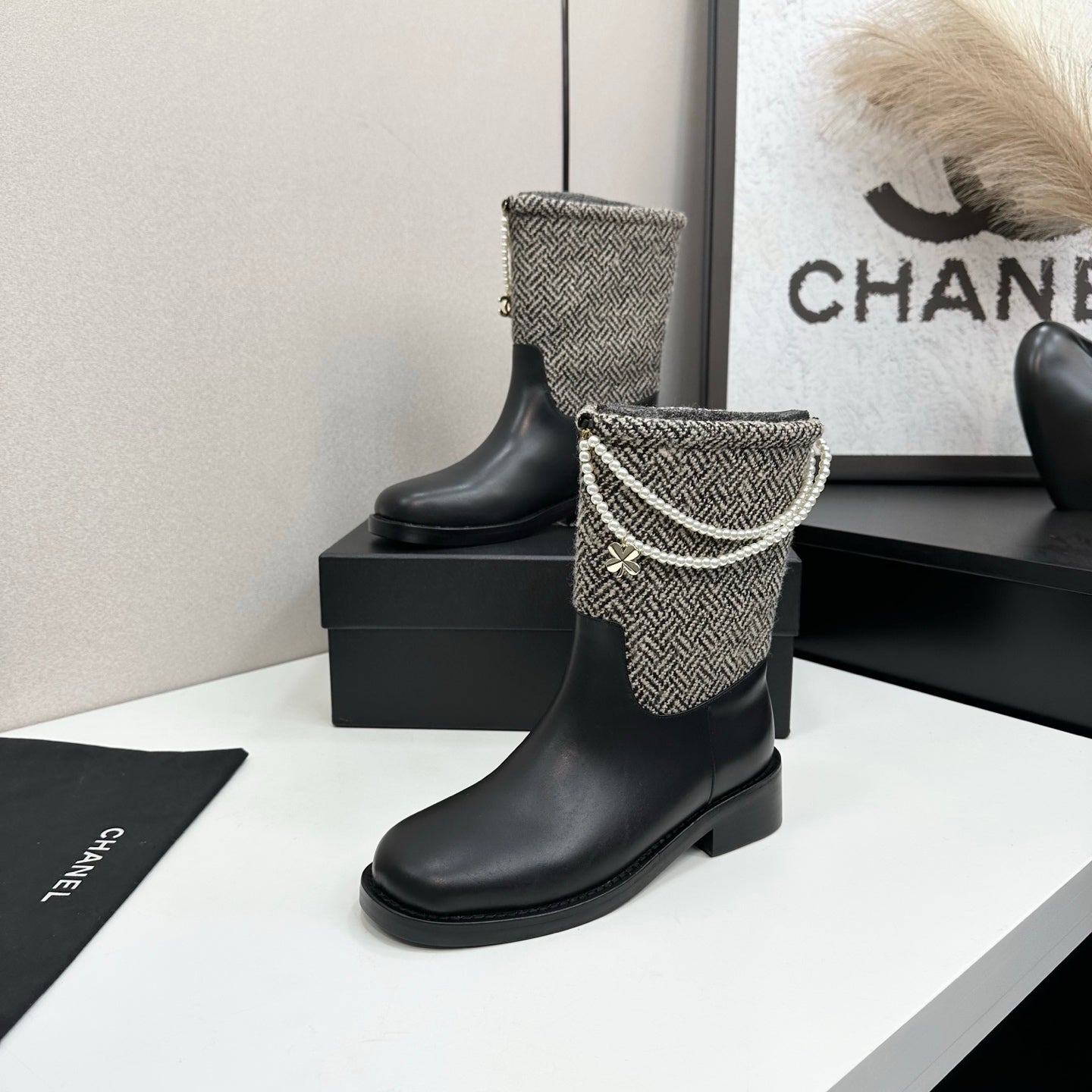 25 Pearl necklace decoration, thick soled short boots（GRAY/BLACK）