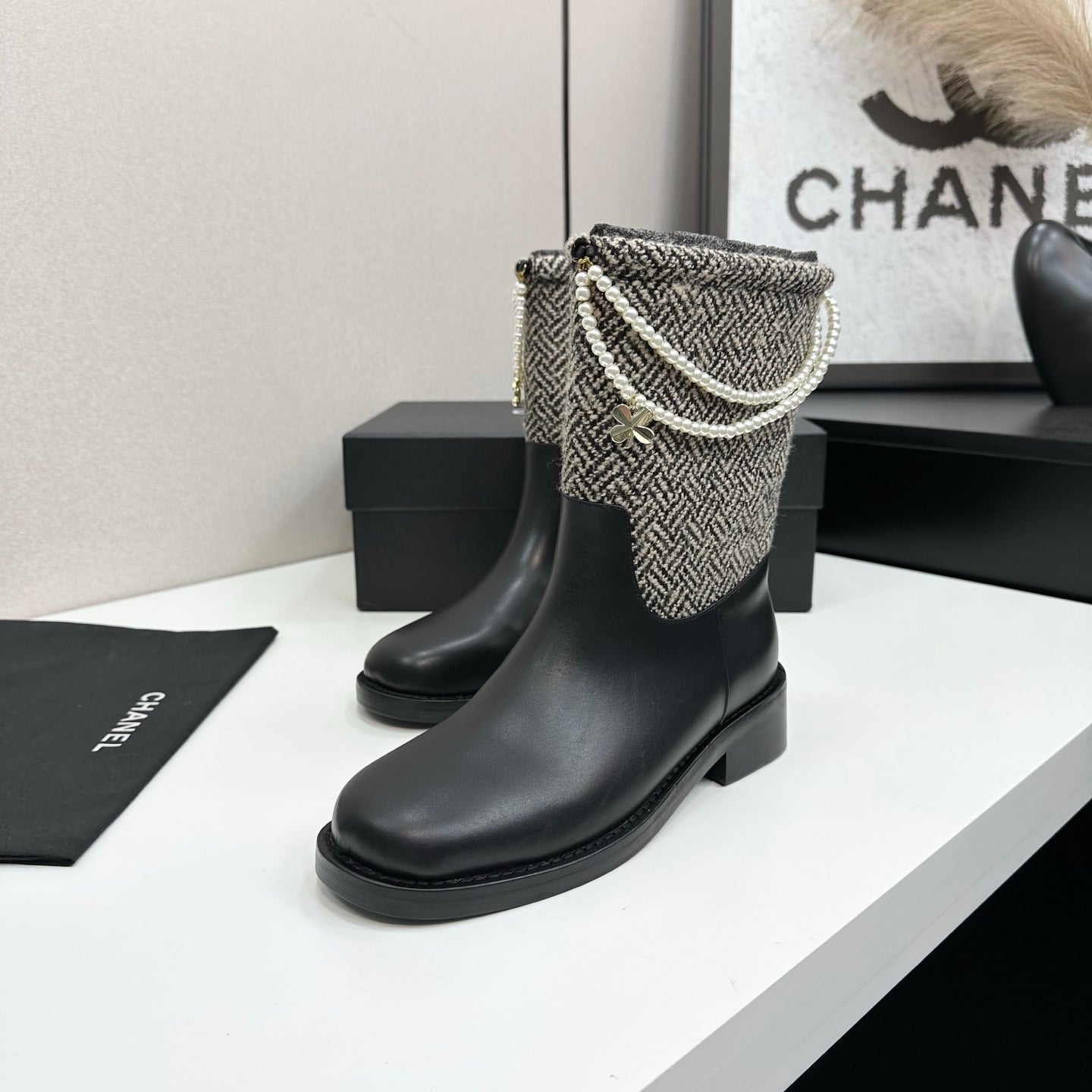 25 Pearl necklace decoration, thick soled short boots（GRAY/BLACK）