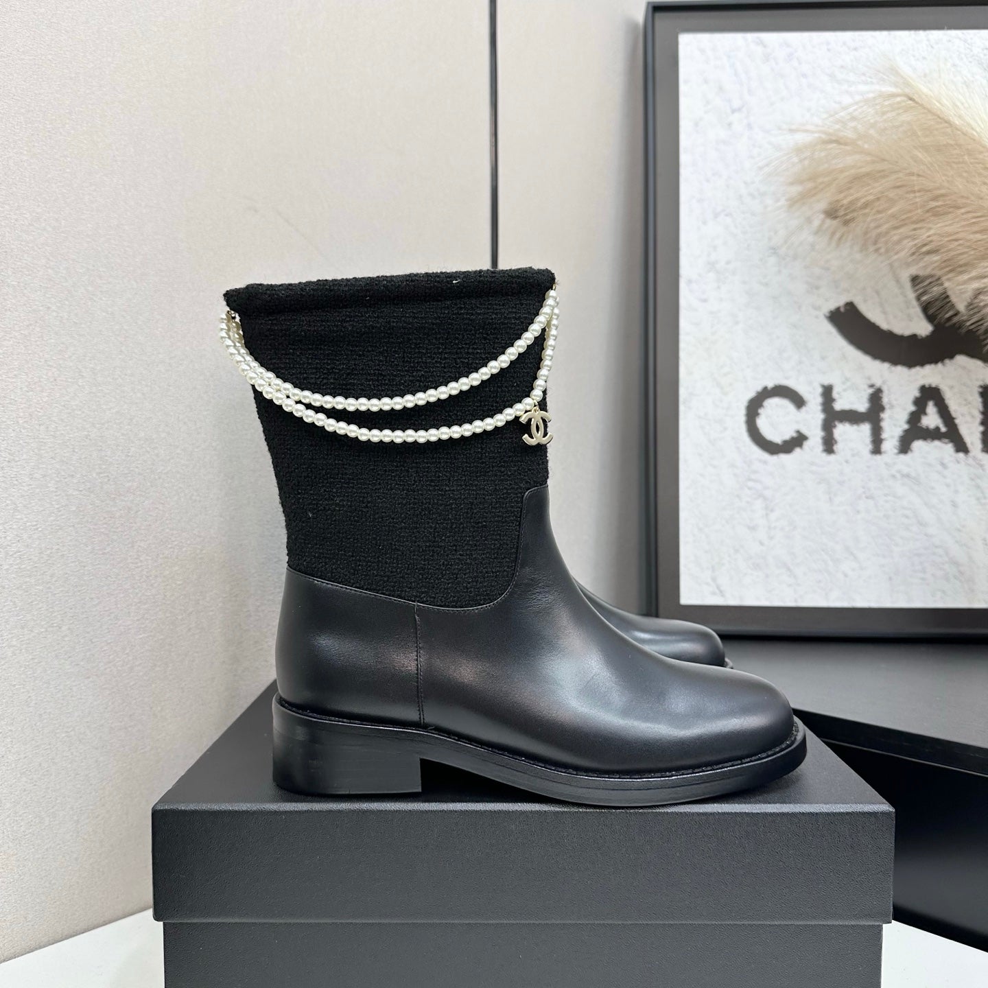 25 Pearl necklace decoration, thick soled short boots（GRAY/BLACK）