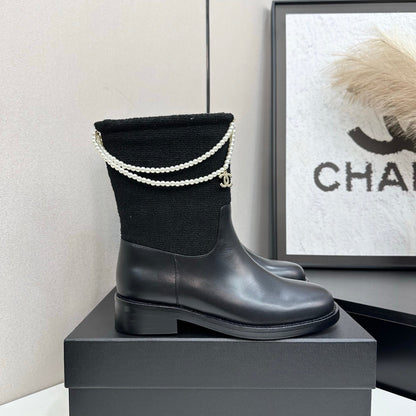 25 Pearl necklace decoration, thick soled short boots（GRAY/BLACK）