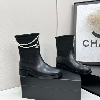25 Pearl necklace decoration, thick soled short boots（GRAY/BLACK）