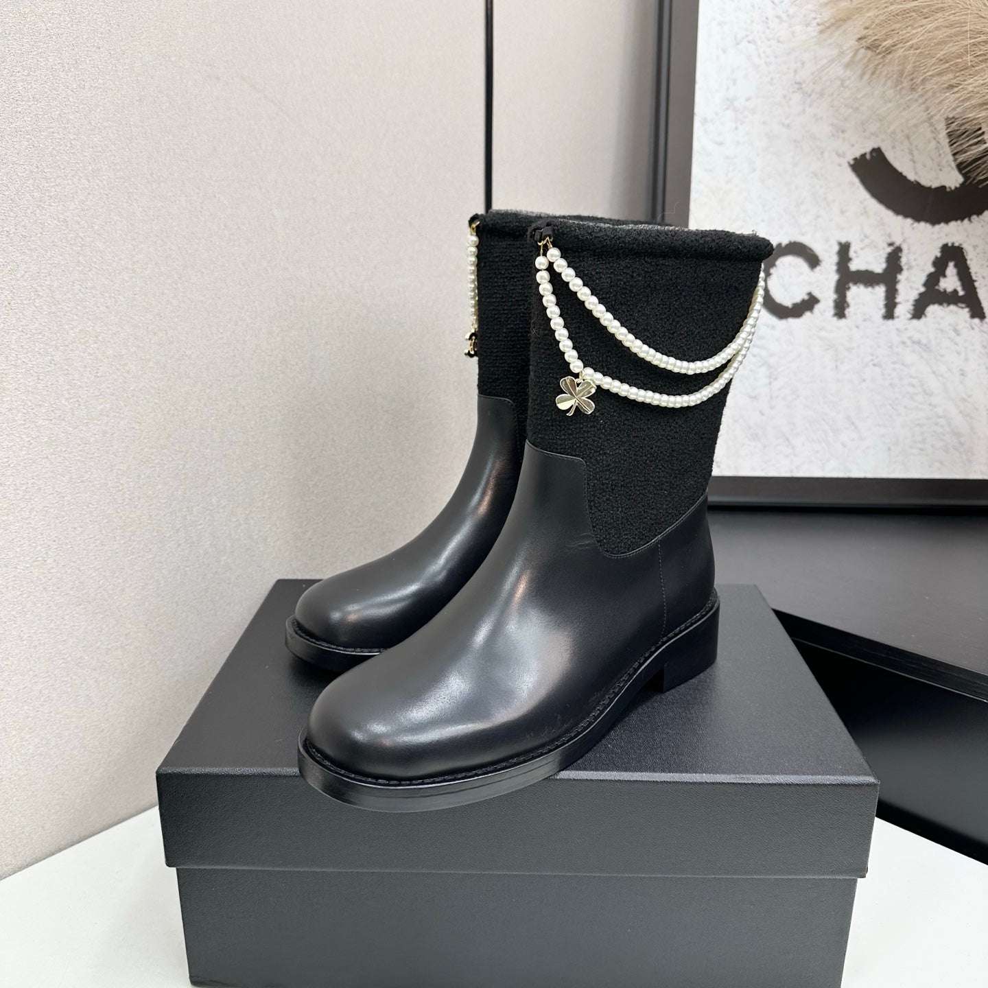 25 Pearl necklace decoration, thick soled short boots（GRAY/BLACK）