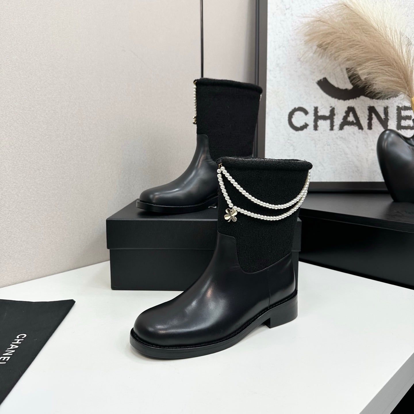 25 Pearl necklace decoration, thick soled short boots（GRAY/BLACK）