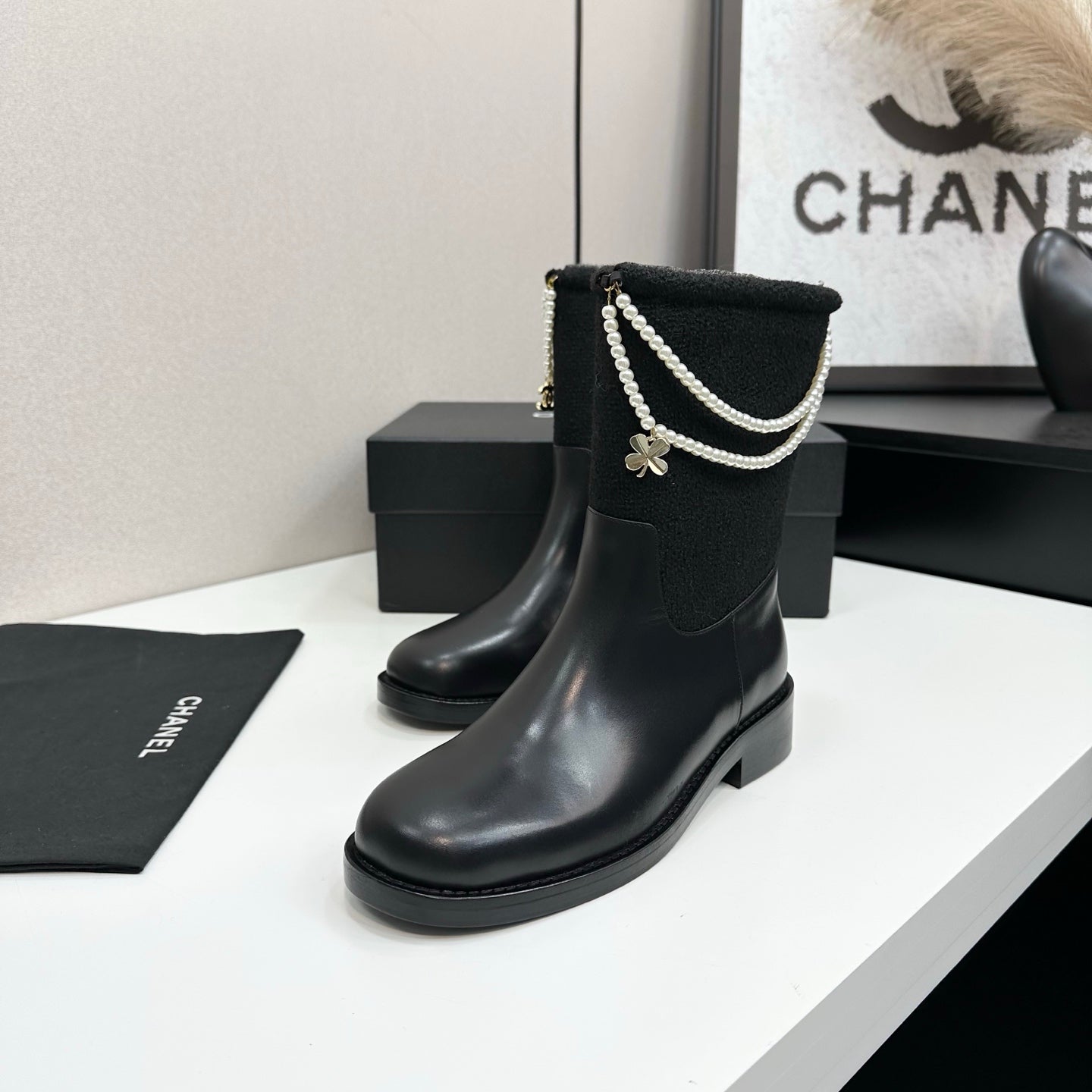 25 Pearl necklace decoration, thick soled short boots（GRAY/BLACK）