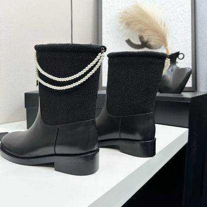 25 Pearl necklace decoration, thick soled short boots（GRAY/BLACK）
