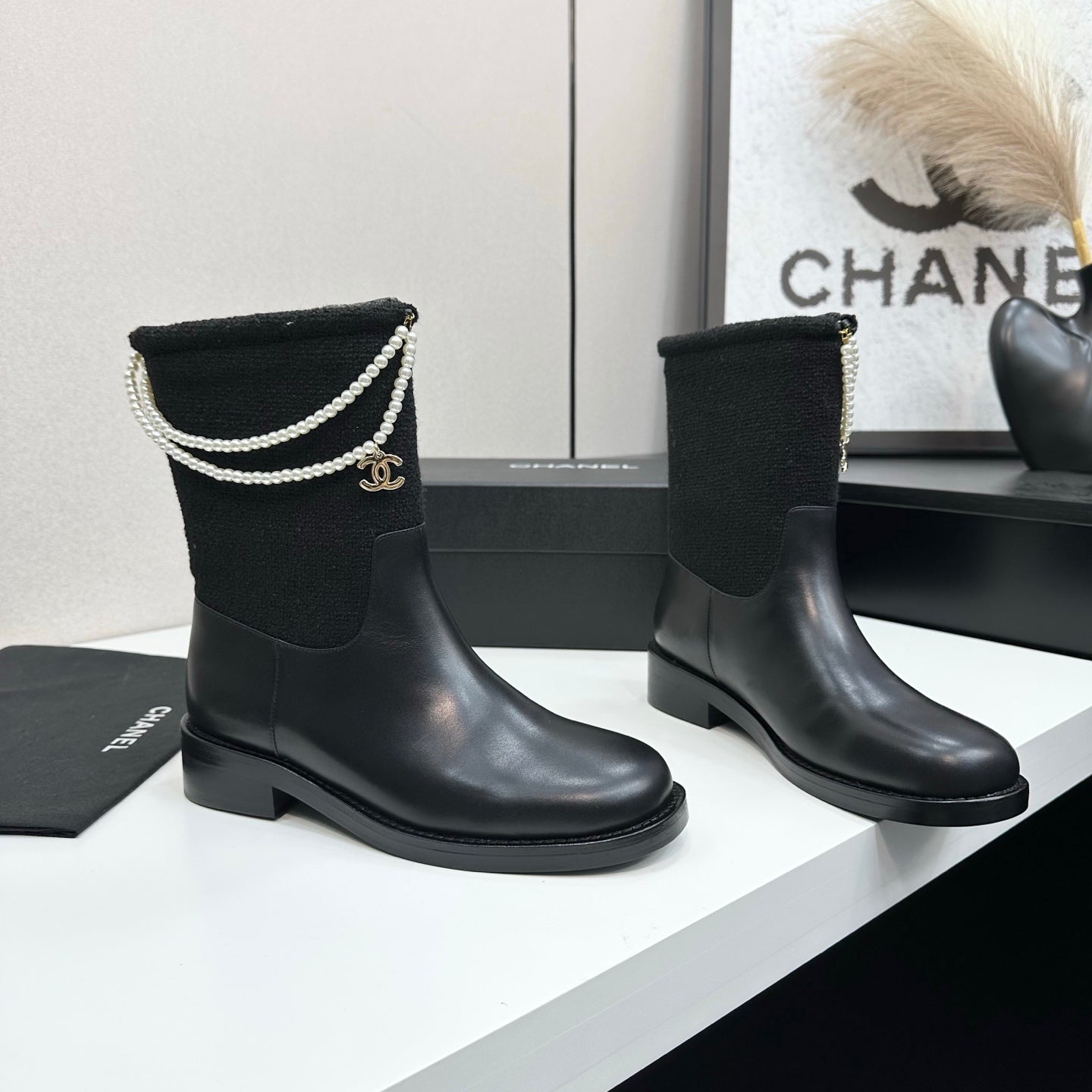 25 Pearl necklace decoration, thick soled short boots（GRAY/BLACK）