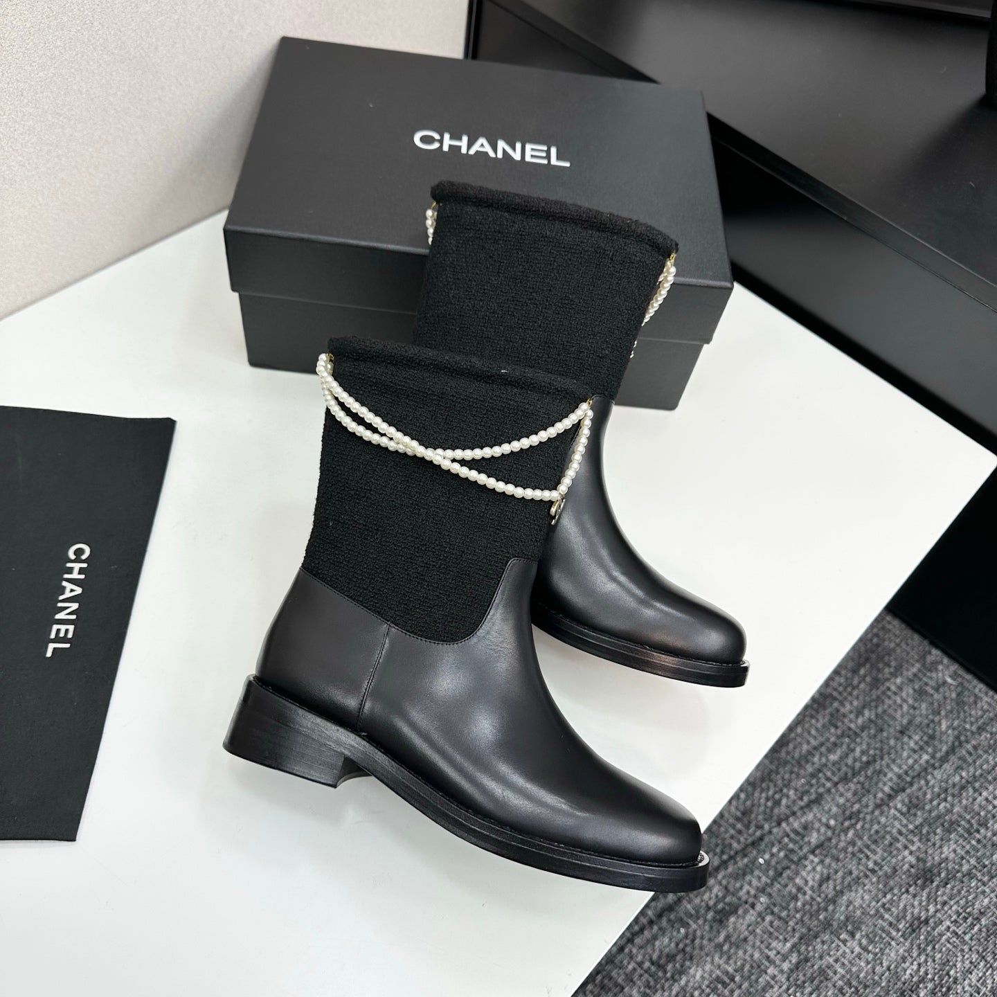 25 Pearl necklace decoration, thick soled short boots（GRAY/BLACK）