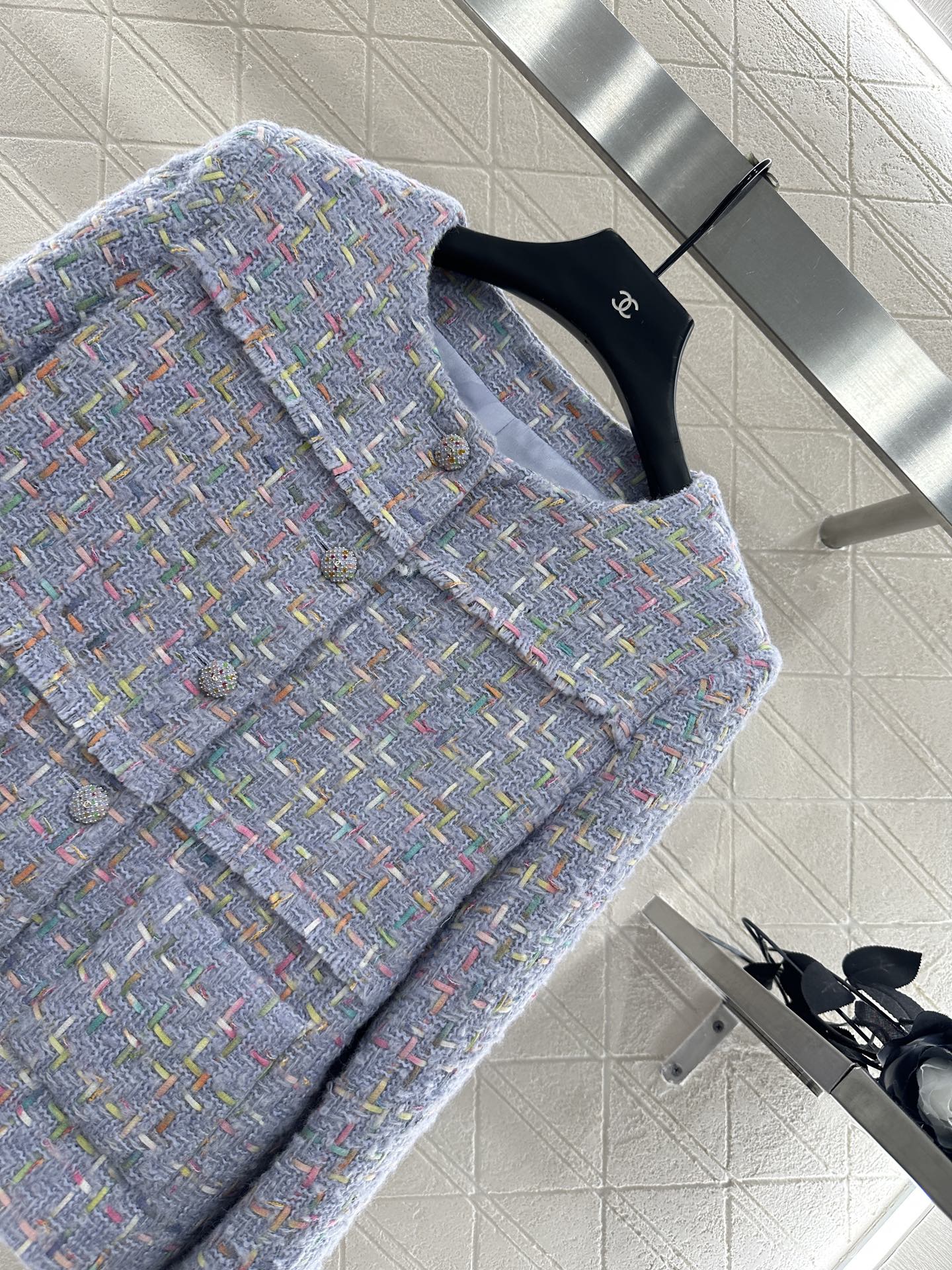 25 Round neck woven wool short jacket+half skirt set