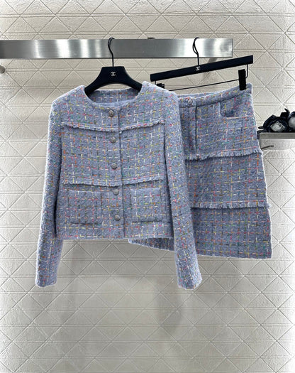 25 Round neck woven wool short jacket+half skirt set