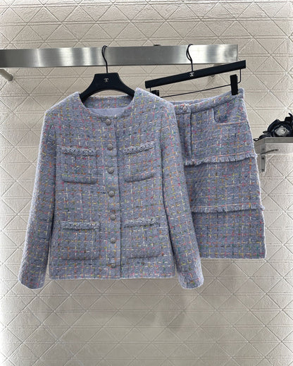 25 Round neck woven wool jacket+half skirt set
