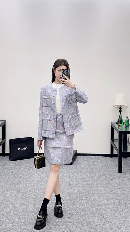 25 Round neck woven wool jacket+half skirt set