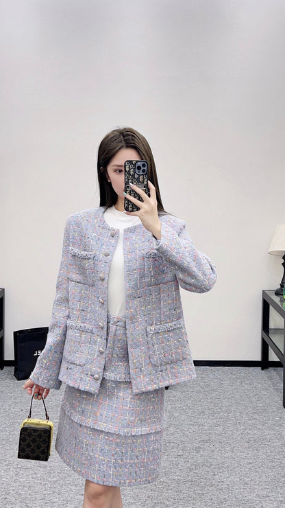 25 Round neck woven wool jacket+half skirt set