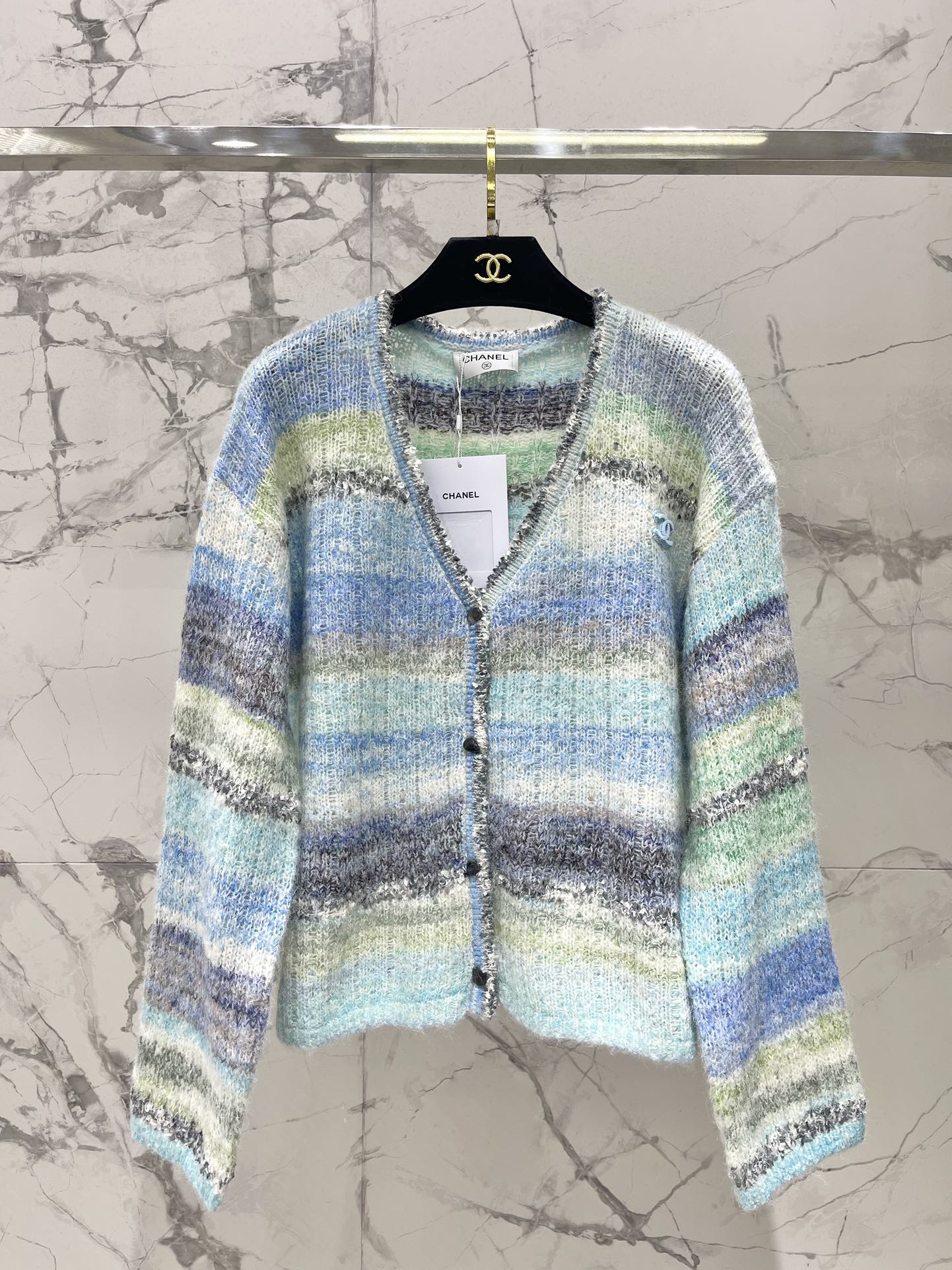 25 Gradient stripe patchwork mohair knitted cardigan
