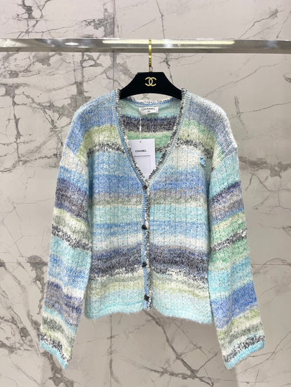 25 Gradient stripe patchwork mohair knitted cardigan