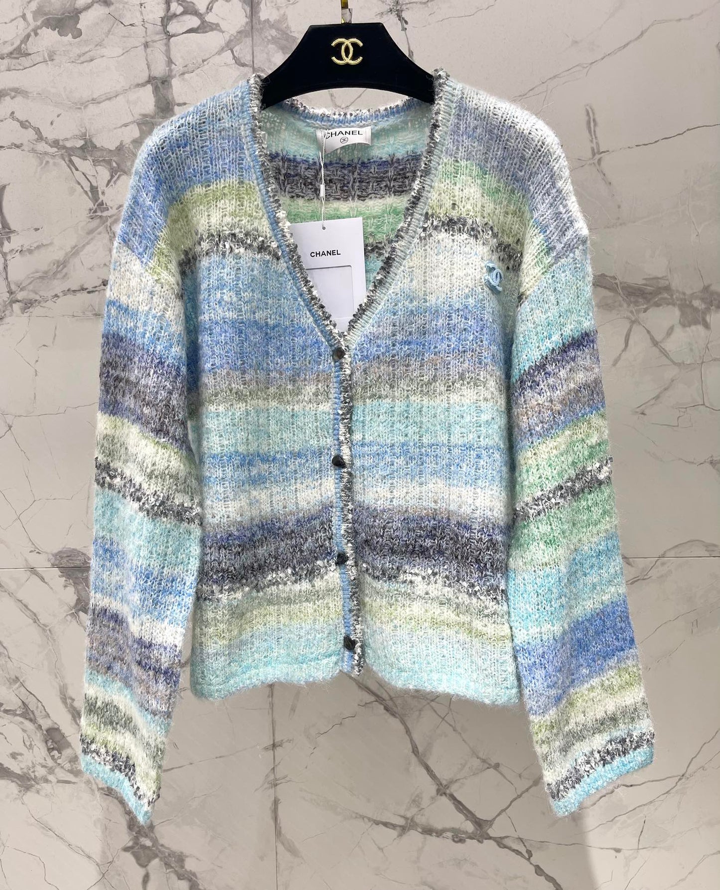 25 Gradient stripe patchwork mohair knitted cardigan