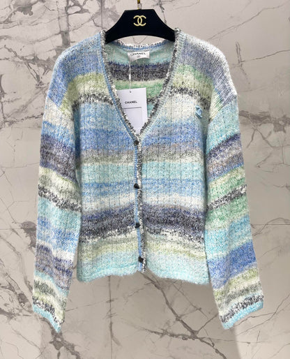 25 Gradient stripe patchwork mohair knitted cardigan