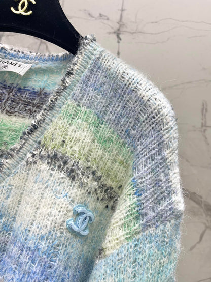 25 Gradient stripe patchwork mohair knitted cardigan