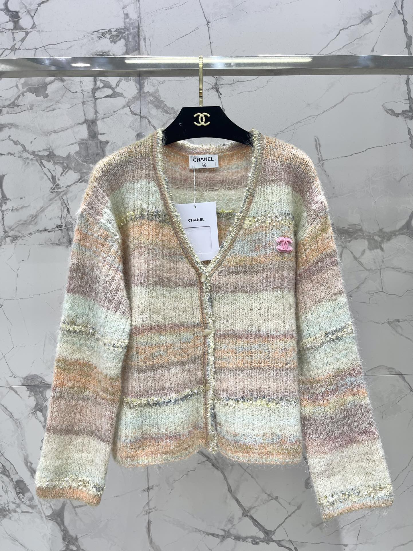 25 Gradient stripe patchwork mohair knitted cardigan