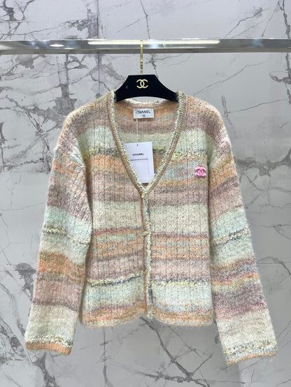 25 Gradient stripe patchwork mohair knitted cardigan