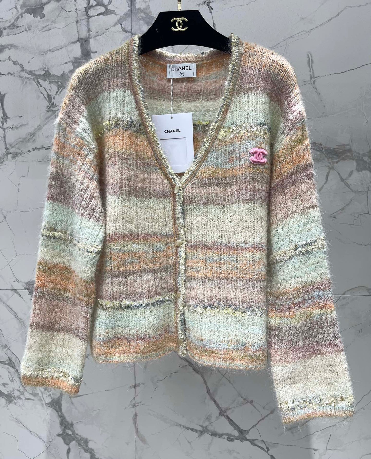 25 Gradient stripe patchwork mohair knitted cardigan