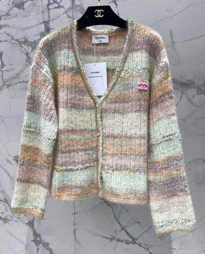 25 Gradient stripe patchwork mohair knitted cardigan
