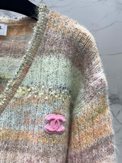 25 Gradient stripe patchwork mohair knitted cardigan