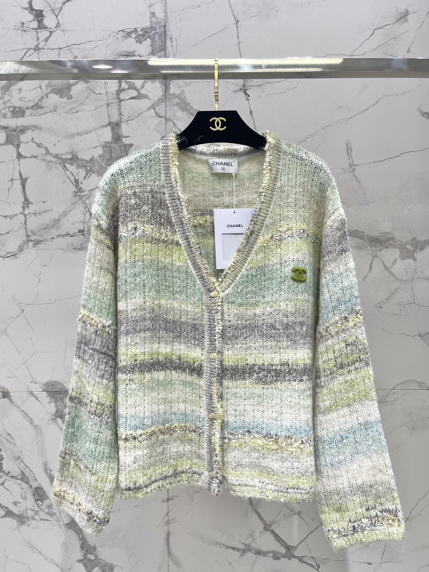 25 Gradient stripe patchwork mohair knitted cardigan
