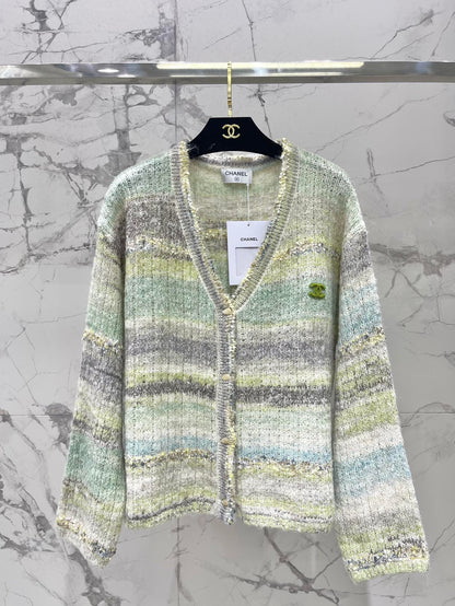 25 Gradient stripe patchwork mohair knitted cardigan