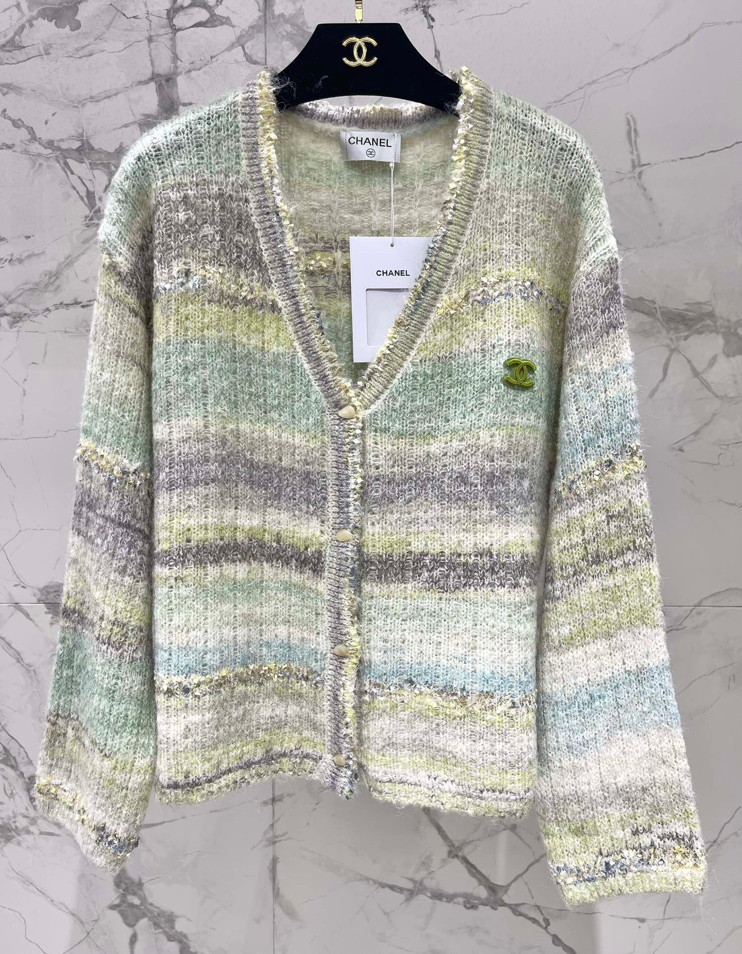 25 Gradient stripe patchwork mohair knitted cardigan