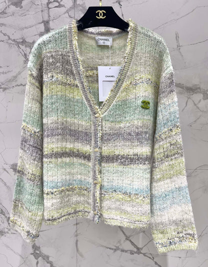 25 Gradient stripe patchwork mohair knitted cardigan