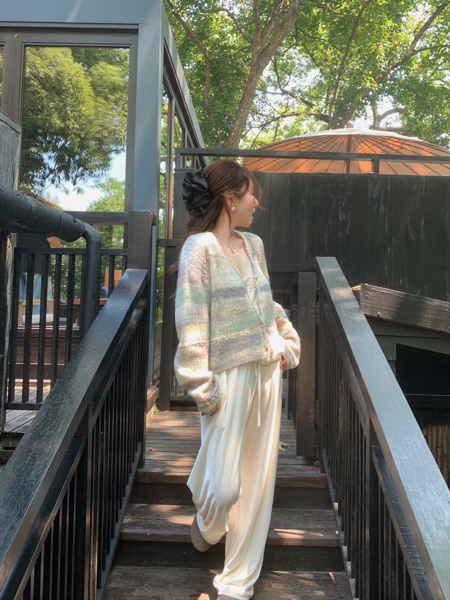 25 Gradient stripe patchwork mohair knitted cardigan