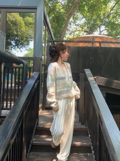 25 Gradient stripe patchwork mohair knitted cardigan