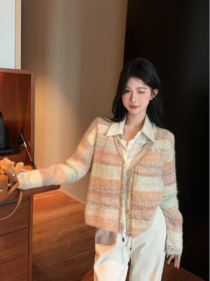 25 Gradient stripe patchwork mohair knitted cardigan