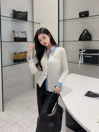 25 New plaid stitching fake two-piece sweater(WHITE/BLACK)