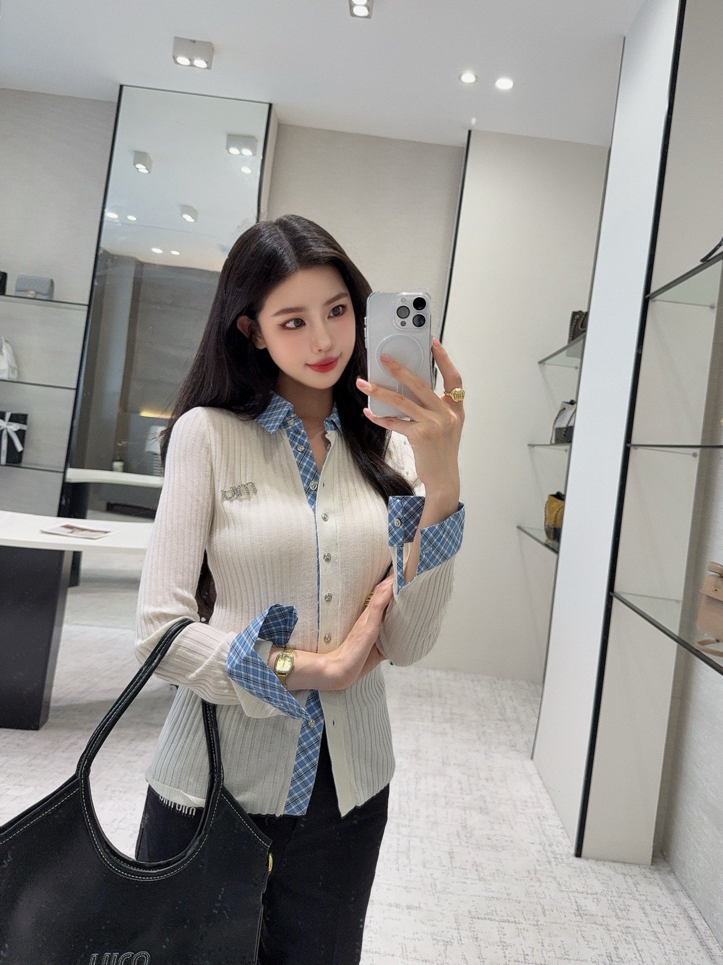 25 New plaid stitching fake two-piece sweater(WHITE/BLACK)