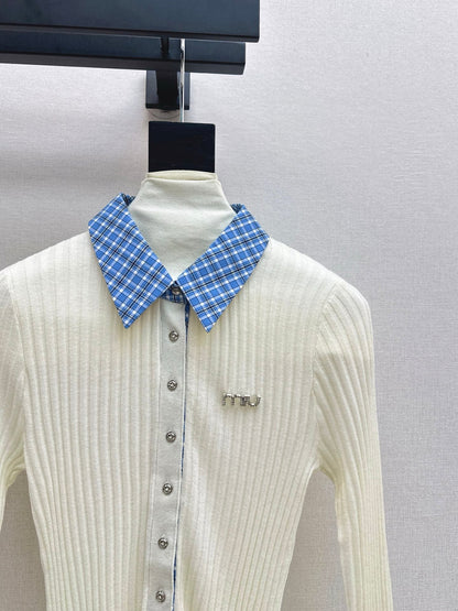 25 New plaid stitching fake two-piece sweater(WHITE/BLACK)