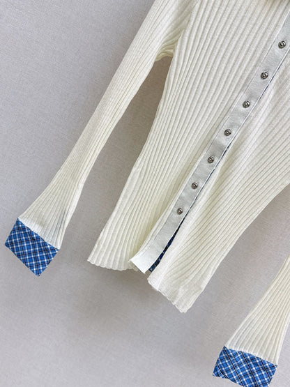 25 New plaid stitching fake two-piece sweater(WHITE/BLACK)