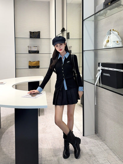 25 New plaid stitching fake two-piece sweater(WHITE/BLACK)