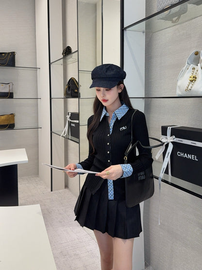 25 New plaid stitching fake two-piece sweater(WHITE/BLACK)