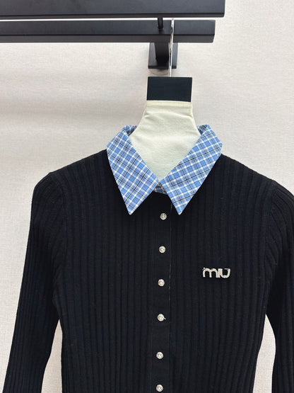 25 New plaid stitching fake two-piece sweater(WHITE/BLACK)