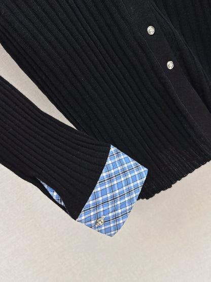 25 New plaid stitching fake two-piece sweater(WHITE/BLACK)