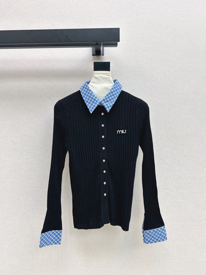 25 New plaid stitching fake two-piece sweater(WHITE/BLACK)