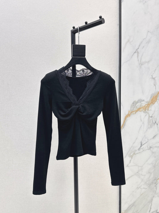 25fw new lace splicing V-neck long sleeves