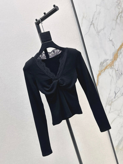25fw new lace splicing V-neck long sleeves
