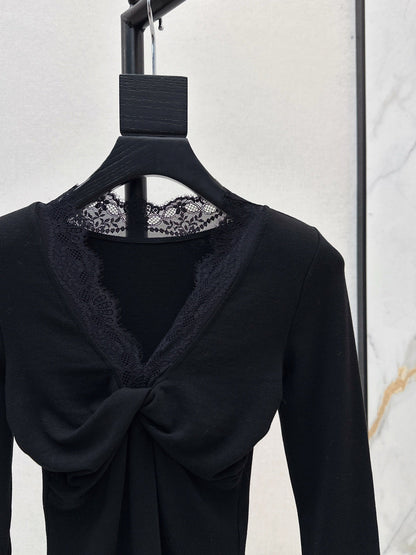 25fw new lace splicing V-neck long sleeves