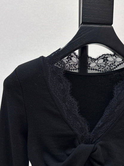 25fw new lace splicing V-neck long sleeves