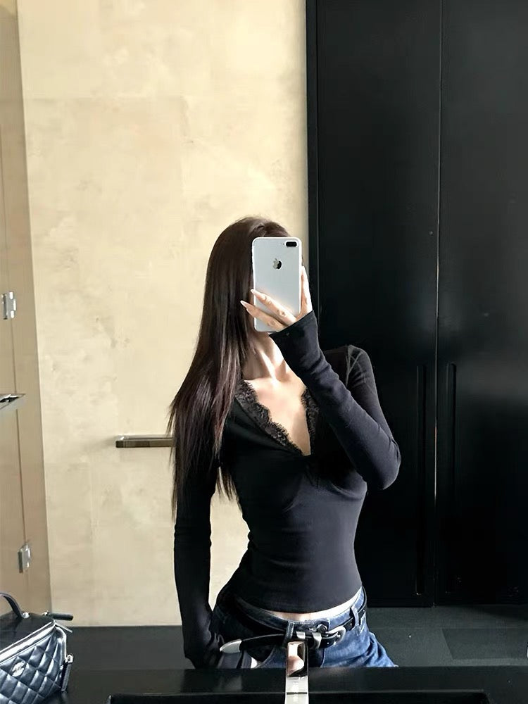 25fw new lace splicing V-neck long sleeves